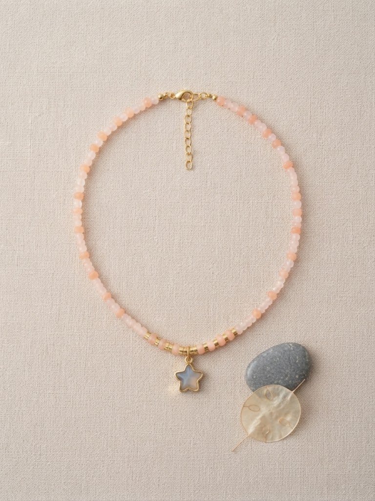 Soft Pembe ve Turuncu Kristal Boncuklu Yıldız Kolye