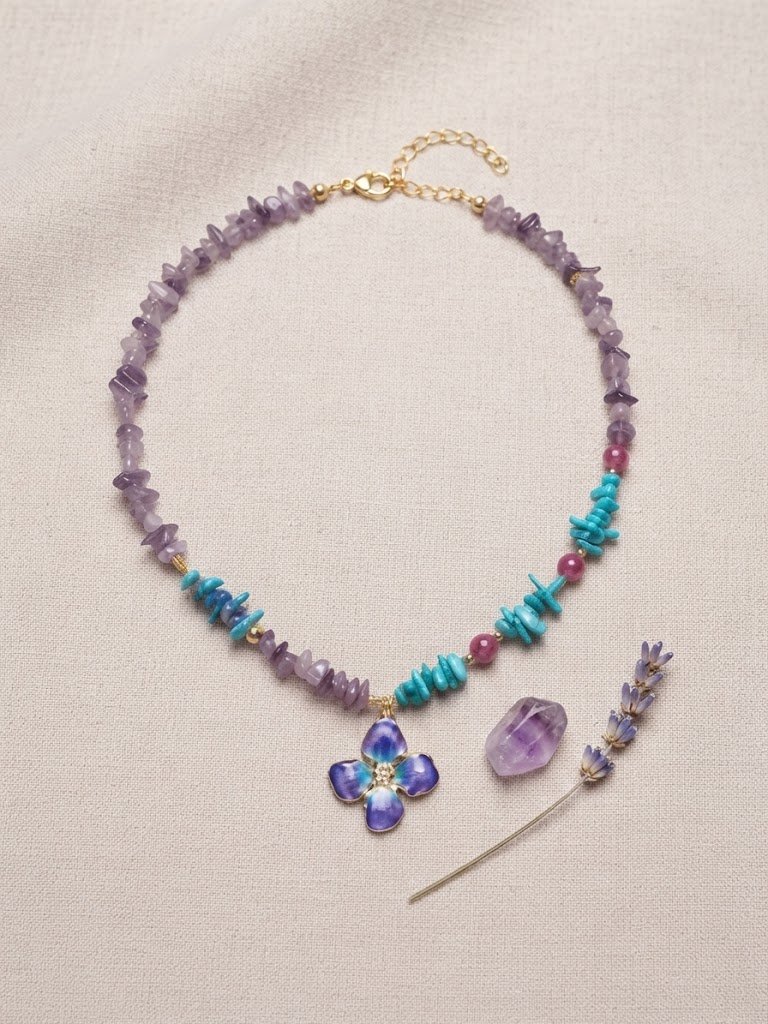 Ametist, Mavi Sedef ve Çiçek Figürlü Tasarım Kolye
