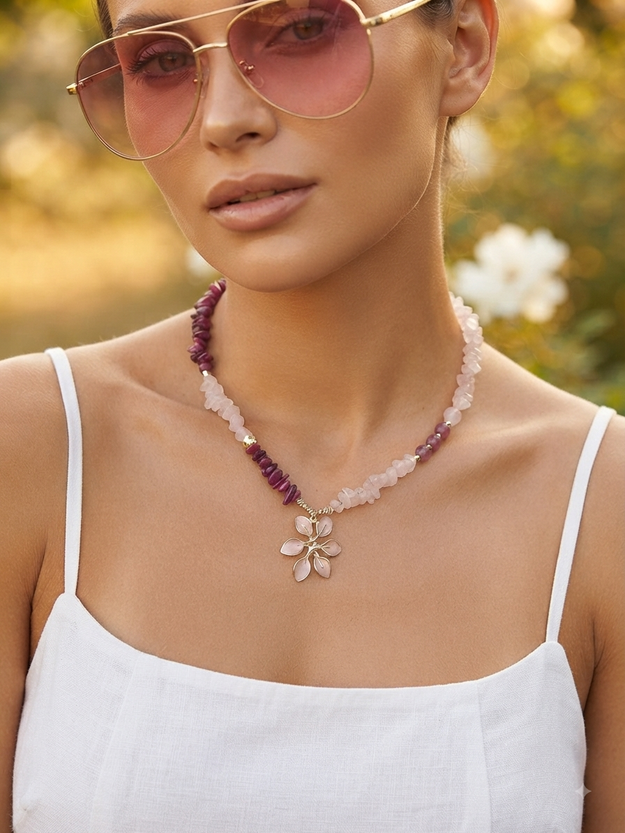 Mürdüm Sedef ve Pembe Kuvars Çiçek Figürlü Tasarım Kolye