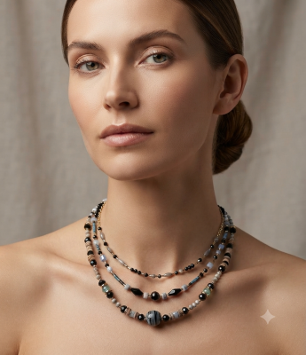 Çizgili Cam Boncuklu Gri Sedef Kolye