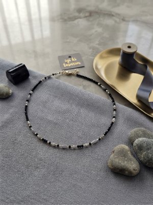 Siyah Kristal & Gri Sedef Choker Kolye