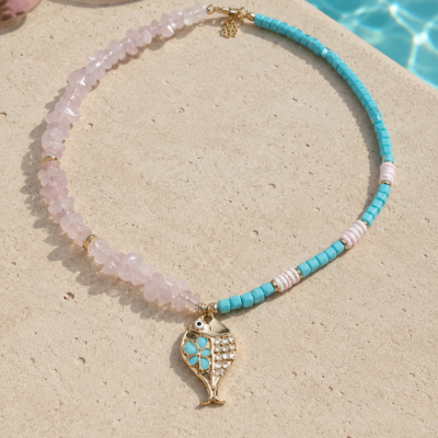 Boho-Chic Balık Figürlü Doğal Taşlı Tasarım Kolye