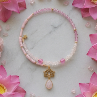 Pembe Kuvars & Sedef Taşlı Lotus Tasarım Sarmal Kolye