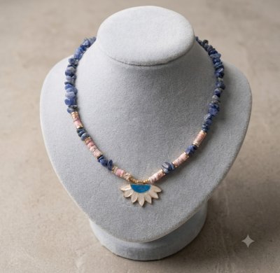 Mistik Bahçe : Lapis Lazuli & Sedef Taşlı Lotus Tasarım Kolye