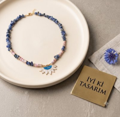 Mistik Bahçe : Lapis Lazuli & Sedef Taşlı Lotus Tasarım Kolye
