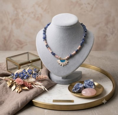 Mistik Bahçe : Lapis Lazuli & Sedef Taşlı Lotus Tasarım Kolye