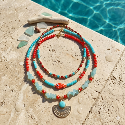 ✨ Summer Layering: Akuamarin Doğal Taşlı ve Etnik Uçlu Havalı Tasarım Kolye